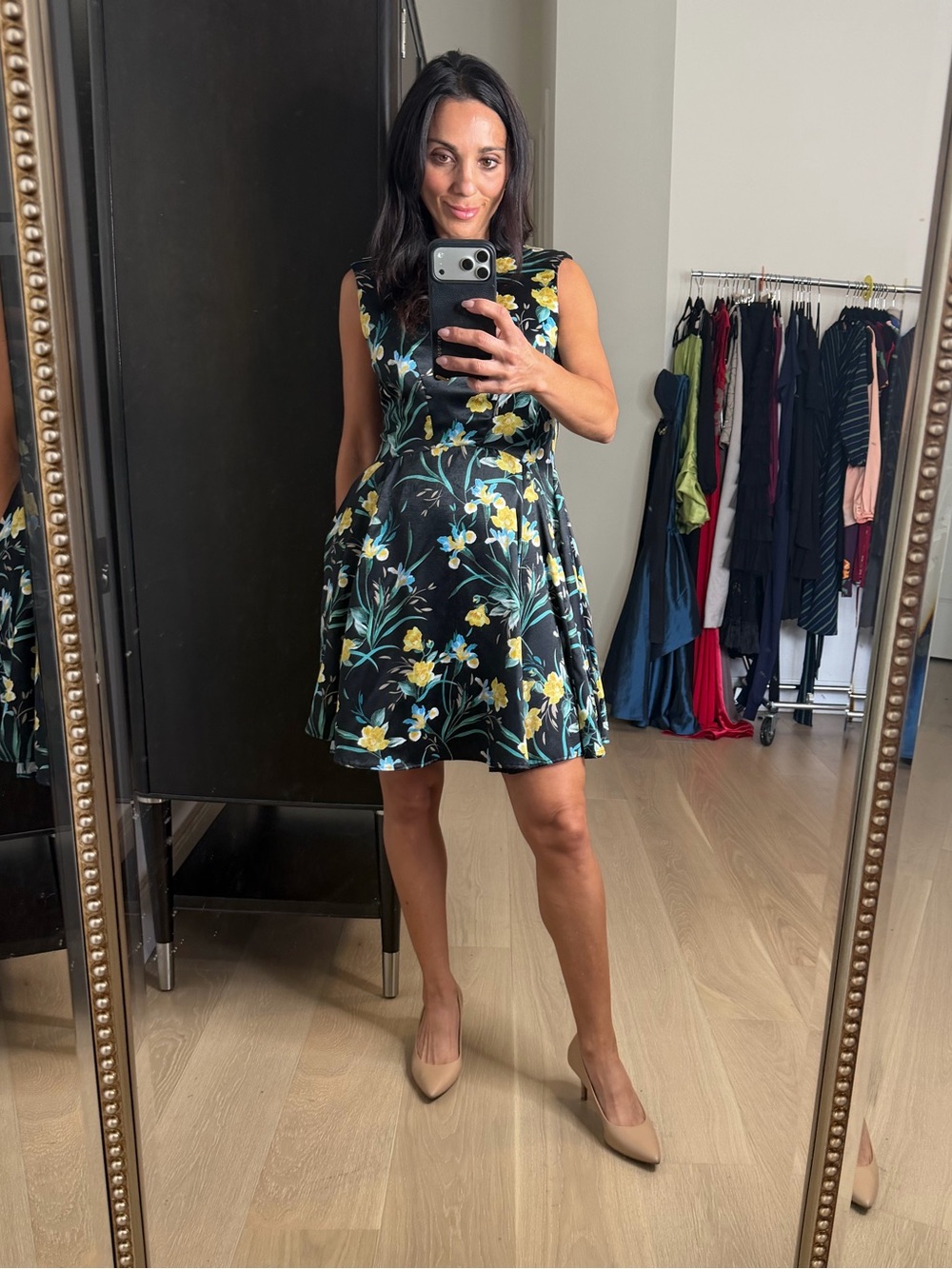 Bar III Black Floral Fit-and-Flare Dress with Yellow and Light Blue Flowers